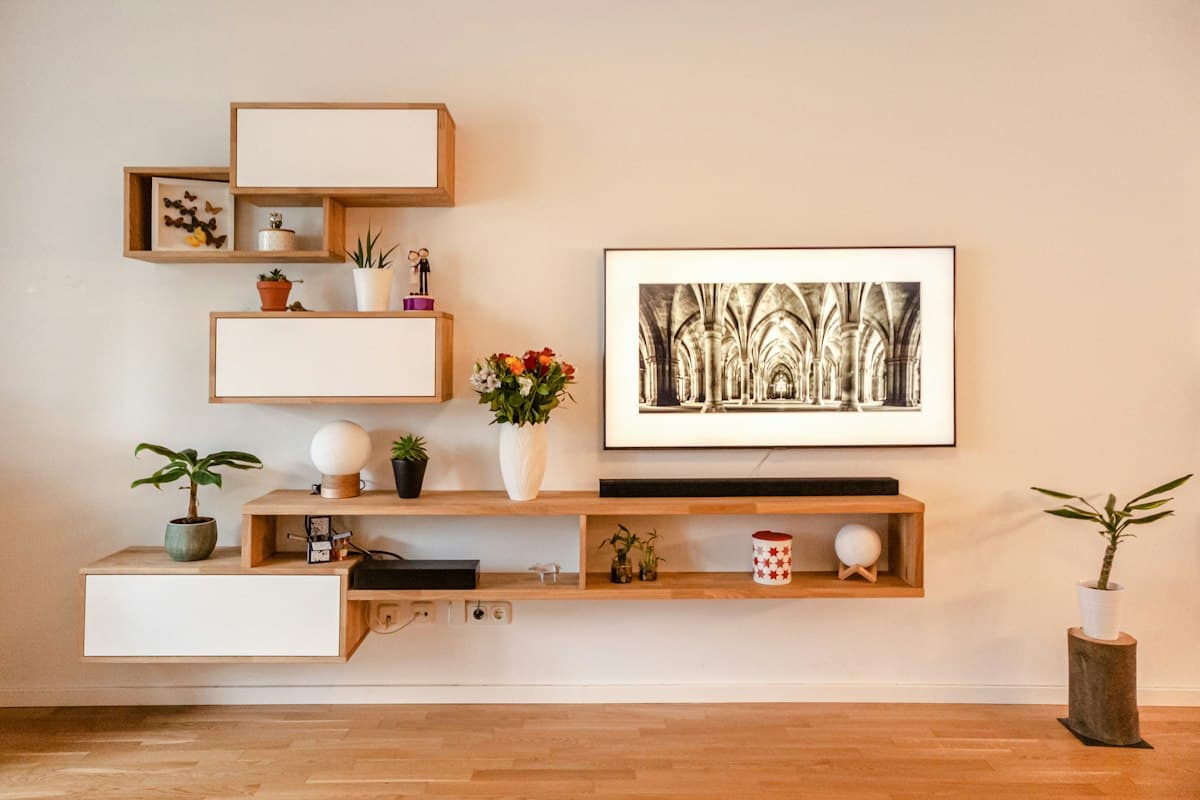 Floating shelves in a calm, bright living room