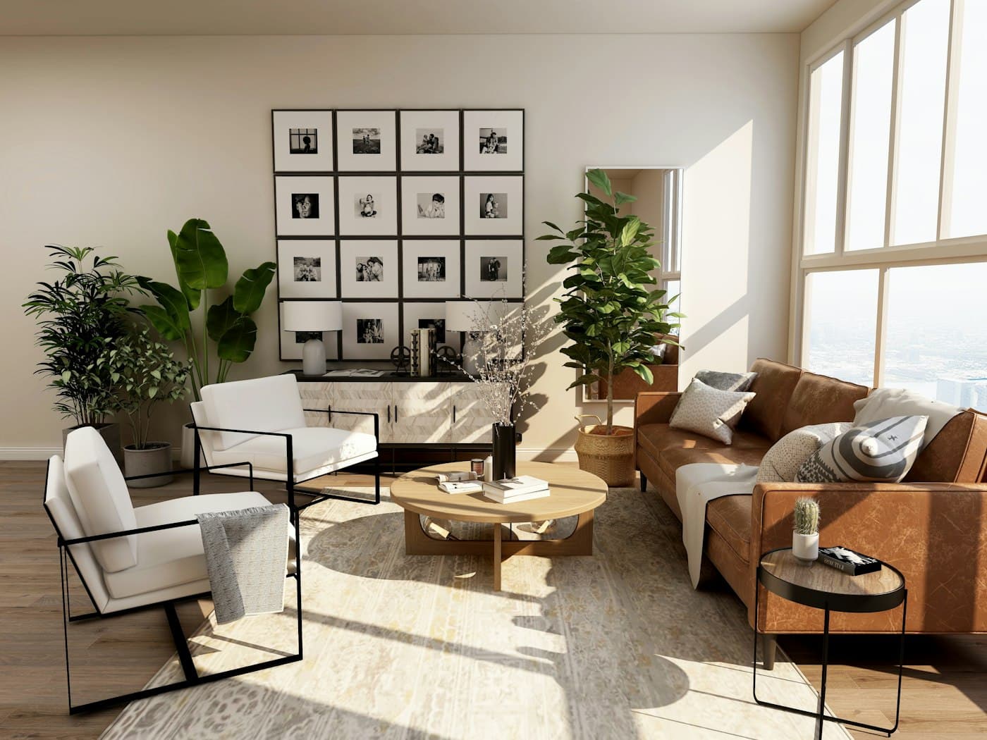 Bright living room with a leather sofa and lounge chairs